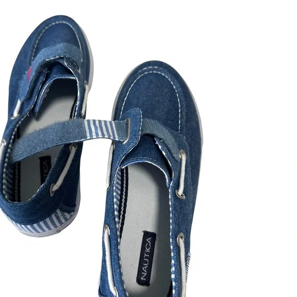 Nautica Boat Shoes Women 9 Blue Denim Hook Loop Striped Good Casual Loafers - Picture 9 of 12